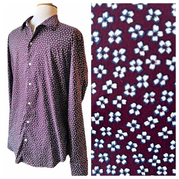 Bonobos Purple White Floral Slim Fit Button Front Shirt - Medium - Picture 2 of 9